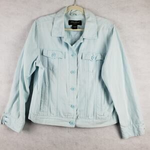 Earthy Girl Eddie‎ Bauer Womens L Denim Jacket Blue Linen Minimalist Staple